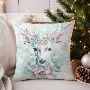 Close-up of mint green Christmas reindeer pillowcase in a cozy festive home setting