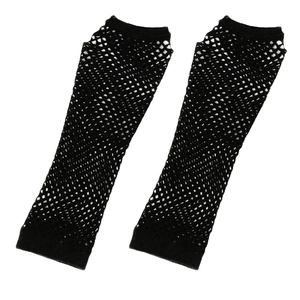 Close-up of black mesh fishnet arm warmers with elastic texture on white background