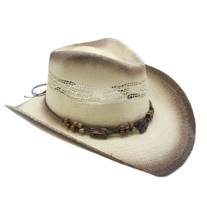 Detailed close-up of woven paper cowboy hat with beaded band and gradient brim
