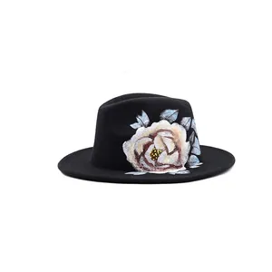 Flat brim wool fedora with hand-painted white flowers and size guide dimensions