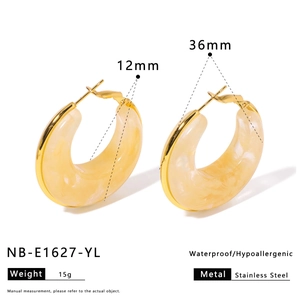 Detail view of yellow resin hoop earring showing 36mm outer and 12mm inner diameter sizes