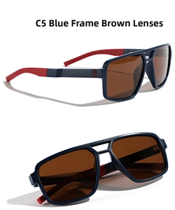 Square TR90 polarized sunglasses with navy frame and red temples and brown lenses