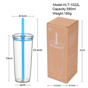 590ml Tritan straw cup dimensions and packaging box details for Model HLT-1022L
