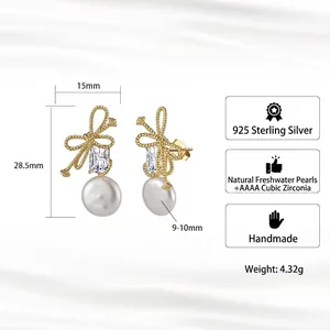 Elegant 925 sterling silver bow earrings with AAA zircon and white freshwater pearl