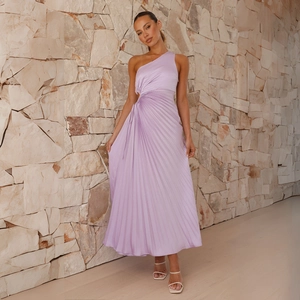 Detail of lavender one shoulder pleated dress showing ruched waist and cut-out texture