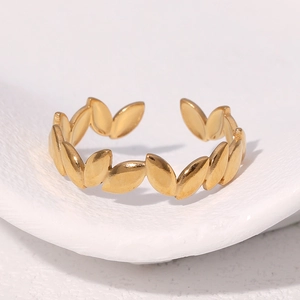 Minimalist 18k gold plated stainless steel leaf ring with adjustable open band design