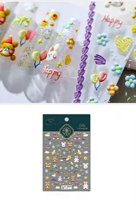 Gros plan d'autocollants 3D pour ongles avec motifs de lapins, ours et cœurs