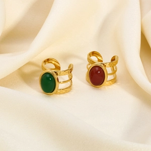 Vintage gold-plated stainless steel open rings with green and brown natural stone inlays