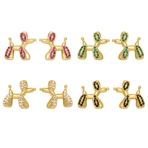 Balloon Dog Stud Earrings Copper 18K Gold Plated Cubic Zirconia Cartoon Animal Modern Style Women Jewelry