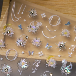 5D embossed nail stickers featuring 3D lotus and butterfly designs with laser finish
