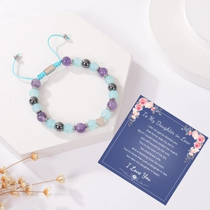 Pink quartz and agate stone beaded bracelet with heart charm and gift card for daughter