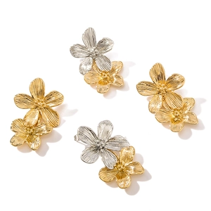 French vintage style 18K gold and silver stainless steel flower earring set for women