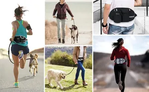 Detail of multi-pocket waterproof running waist bag with elastic dog leash for outdoor training