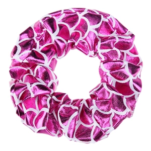 Detailed view of rose red fish scale pattern fabric hair scrunchie for children