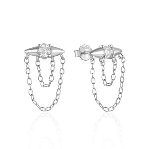 Detailed macro view of S925 sterling silver earring featuring chains and pyramid stud