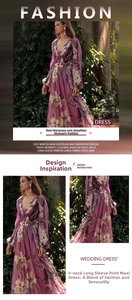 Détail d'une robe longue violette à fleurs avec col en V et manches élégantes