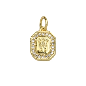 Macro shot of 18k gold plated octagon pendant featuring cubic zirconia and letter W