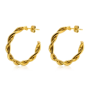 Minimalist gold stainless steel twisted C-shaped hoop earrings with a textured spiral design