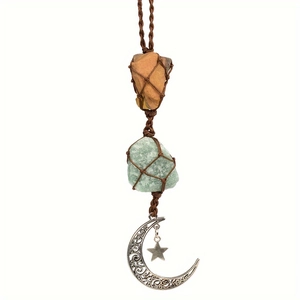 Natural Crystal Amethyst Rose Quartz Raw Stone Hanging Ornament Hand Woven Moon Star Car Rearview Mirror Decor Bohemian