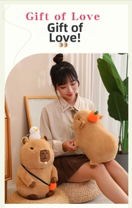 Close-up of a cute plush capybara with a mini bird and orange accessory in a cozy room