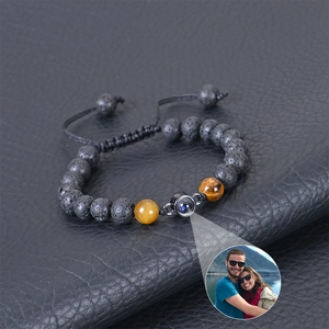 Custom photo projection bracelet with black volcanic lava and tiger eye stone beads