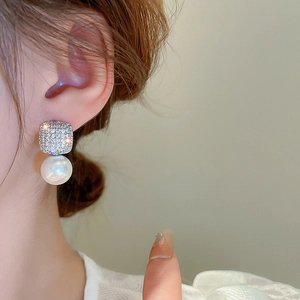 Elegant silver earrings with square zircon studs and hanging white pearls for women