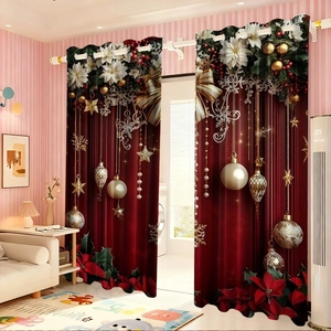Detail of red Christmas curtains with gold snowflake patterns and grommet top header