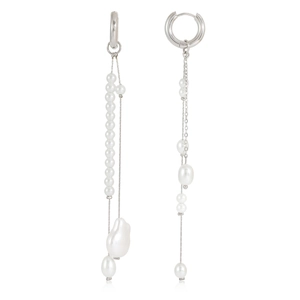 Asymmetric silver stainless steel hoop earrings with baroque pearl tassels for women