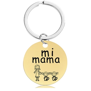 Detailed view of round gold pendant with 'mi mama' engraving and family illustration