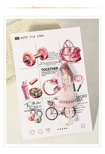 Detail of pink sports and healthy lifestyle themed scrapbooking stickers on stone pad