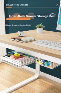 Detail of clear under-desk drawers showing adhesive mounting and storage of stationery