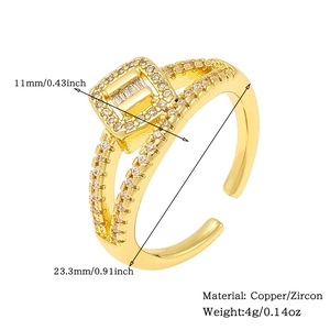 Detail view of adjustable gold ring showing dimensions and zircon inlay specifications