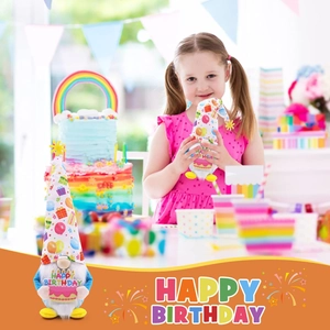 Detail of birthday gnome holding a cake model with a girl in the background