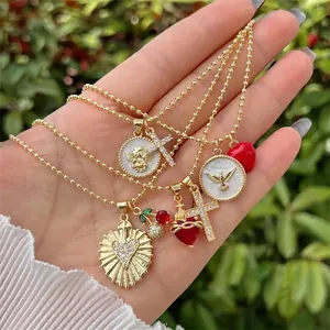 Collana In Rame Placcato Oro 18K Catena A Sfere Con Pendenti Angelo Croce Cuore Zirconia Gioielli Da Donna