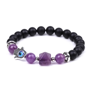 Hamsa Hand Evil Eye Beaded Bracelet Amethyst Agate Natural Stone Pyramid Charm Bracelet Ethnic Yoga Jewelry For Women