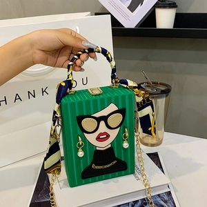 Women Box Handbag Cartoon Fashion Girl Pattern Acrylic PU Crossbody Bag With Satin Scarf Handle Artificial Pearl Decor Evening Party