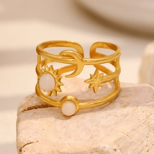 Anello regolabile in acciaio inossidabile placcato oro 18K con sole e luna celesti