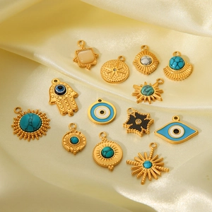 Gold Hamsa Hand and Evil Eye stainless steel pendants with turquoise for DIY jewelry