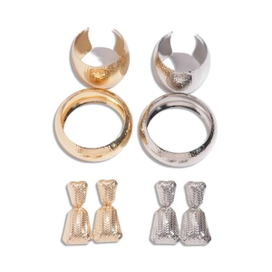 Three-piece metallic textured open bracelets and geometric earrings set in gold and silver