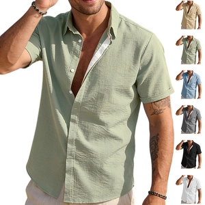 Men's Short Sleeve Shirt Cotton Linen Blend Breathable Beach Vacation Casual Button Down Lapel Solid Color Summer Top
