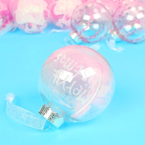 Clear PET Christmas ball ornament with pink feathers and silver Merry Christmas text