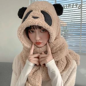 Brown panda plush hood scarf with ears and mittens for winter warmth and cute style