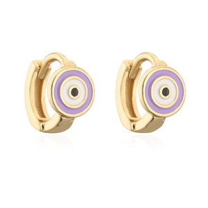 Gold plated 18K evil eye hoop earrings with purple enamel details on white background