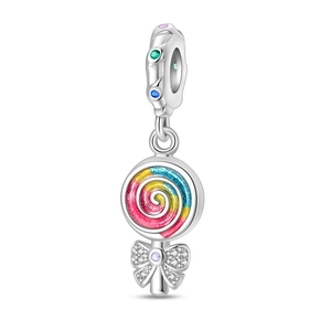 Detailed silver lollipop charm with colorful enamel swirls and crystal bow accent