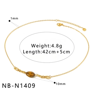 Detail view of tiger eye stone necklace with technical specs 42cm length and 4.8g weight