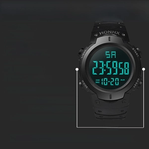 Detailed specs of the 50mm black digital sports watch featuring TPU strap and LED backlight