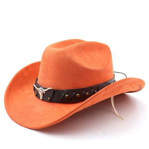 Detail of orange suede cowboy hat featuring metal bull head and leather braided band