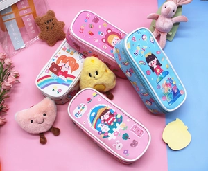 Close-up of cute cartoon leather pencil cases with zipper and vibrant girl patterns
