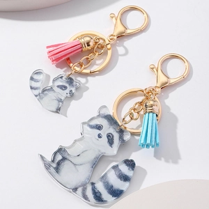 Detail of wooden style acrylic otter keychains with golden metal clasp and colorful tassels