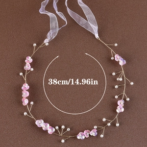 Detail of bridal floral headband with pearls and pink flowers measuring 38cm in length